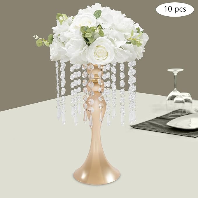 Wedding Centerpieces Gold Vases,10PCS Metal Flower Candle Holder with Sparkling Crystal Beads,Crystal Flower Vase Metal Flowers Stand for Party Tables Decorations