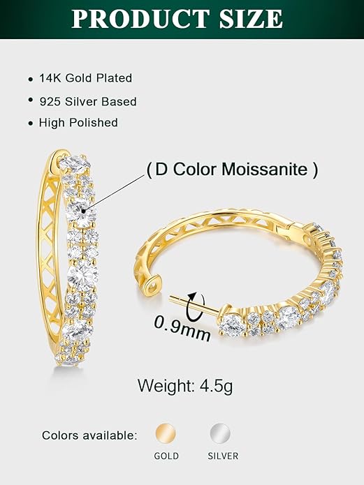 Women's Huggie Hoops with Birthstone 925 Sterling Silver Huggie Stud Hypoallergenic 14K Gold Plated Moissanite Earrings -Emerald Sapphire Ruby Hoop Earrings, Size 20 25mm
