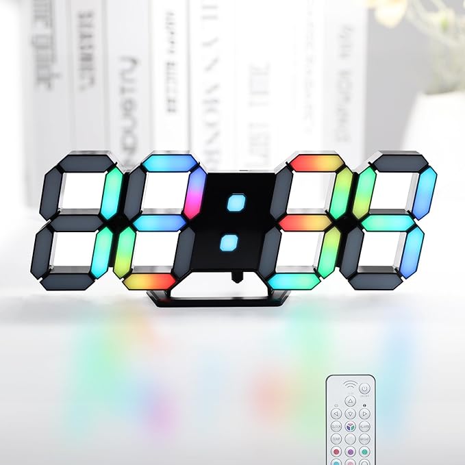 KOSUMOSU LED Digital Clock Neon Clock 9.7" Black Gaming Clock RGB LED Wall Clock for Living Room Desk Clock Large Display Clock for Bedroom, Black Clock with Dimming