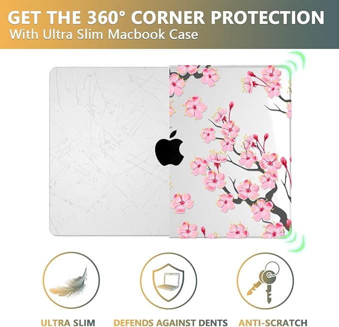 CISSOOK Cherry Blossoms Hard Shell Case for MacBook Pro 14 inch M4 A3112 A3185 A3401 M3 A2992 A2918 M2 A2779 M1 A2442 2021-2024, Cherry Floral Cover with Keyboard Cover for 2021 2024 M1-M4 Pro 14.2”