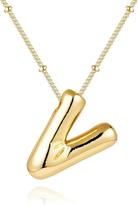 Inerney Valentines Day Gifts Gold Bubble Letter Necklace Initial Necklaces for Women, Chunky 14K Plated Balloon Initials, Trendy Charm Non Tarnish Custom Name Pendant Jewelry Gifts for Mom