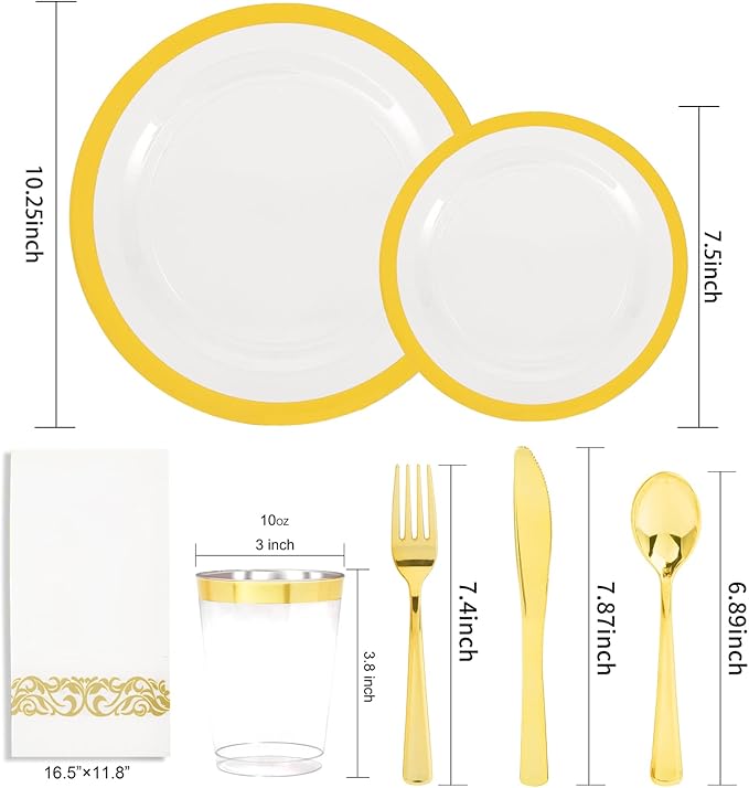 YOUBET 210PCS Clear Gold Plastic Dinnerware - Gold Plastic Plates and Golden Dinnerware Includes 30 Dinner Plate, 30 Dessert Plate, 30 Gold Cups, 30 Napkins for Party & Wedding Thanksgiving