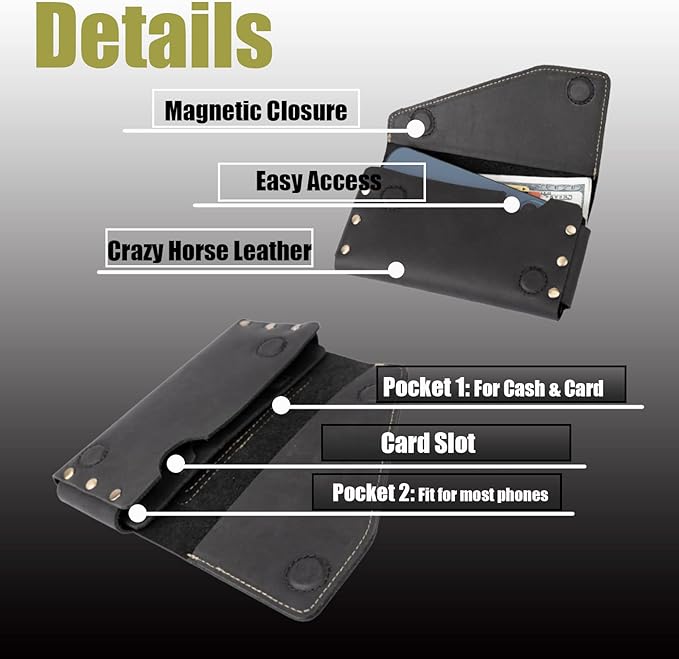 Topstache Leather Phone Holster with Belt Loop, Magnetic Closure Cell Pouch, Handmade Leather Holder for iPhone 14 Pro Max (Fits with Otterbox Case), XL, Black