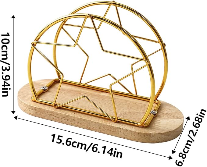 AIM & GGKK Gold Napkin Holder for Table with Wooden Base - Geometric Metal Wire Paper Napkin Holder, Modern Restaurant & Home Dining Accessories (6.14" L x 3.94" H)