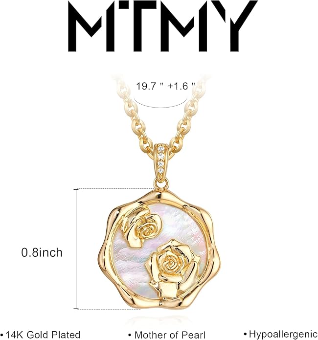 MTMY Birth Flower Necklace 14K Gold Plated Mother of Pearl Disc Birth Month Flower Pendant Necklaces for Women Personalized Custom Floral Jewelry Birthday Gift