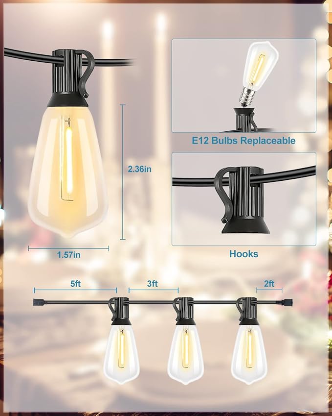 Lightdot 350FT Outdoor String Lights, LED Bistro String Lights with Shatterproof ST38 Bulbs, 2200K Dimmable, Waterproof Hanging Lights for Porch, Party, Garden, Backyard, Balcony