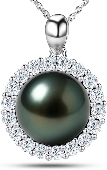 Genuine Tahitian Black Pearl Necklaces for Women, 9-12mm AAAA Seawater Pearl - Sterling Silver Moissanite Pendant, Wedding Anniversary, Birthday, Christmas Gift for Wife, Mom, Girlfriend, Fine Jewelry