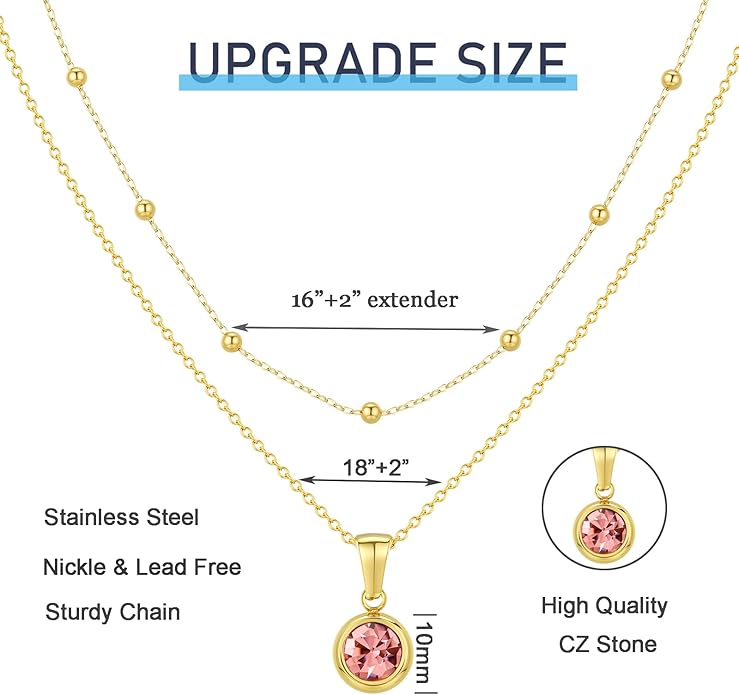 14K Gold-Plated Women's Double-Layer Birthstone Necklace Delicate Round Birthstone Pendant with a Simple Necklace, a Birthday Gift for Women Teenage Girls