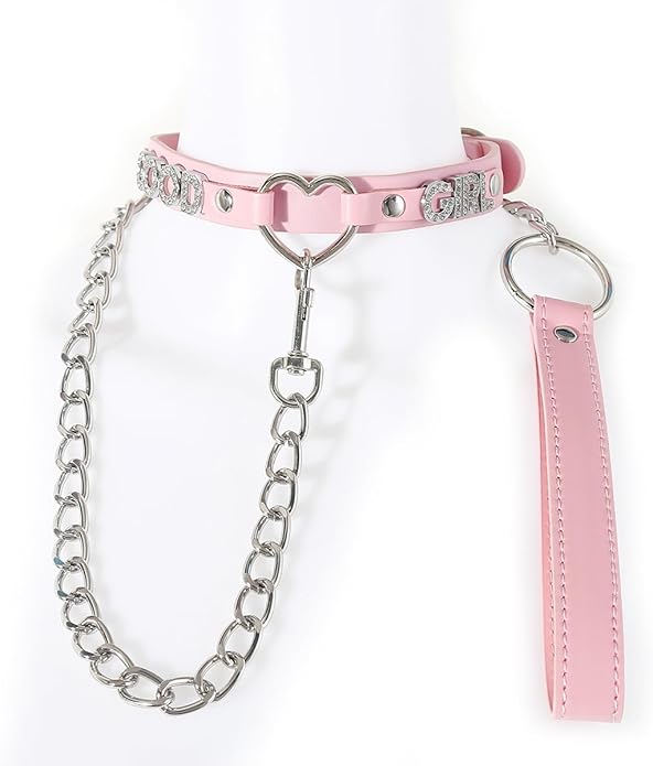 Succuba Handmade Heart Ring Rhinestone Letter Pu Leather Choker Collar Necklace for Women and Men