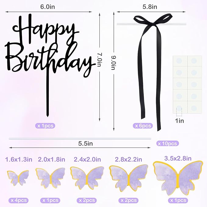 17PCS Happy Birthday Cake Toppers 3D Butterfly Cupcake Topper Pink Purple Gold Bow Cake Topper Birthday Party Decoration for Your Family and Friends