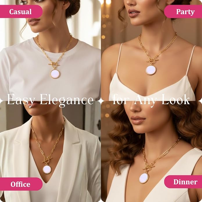 Gempires Gemstone Coin Front Toggle Pendant Necklace for Women with Gold Paperclip Chain, Natural Crystal Pendant with Toggle Clasp, Handcrafted Perfect Jewelry Gift for her