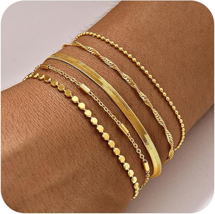 Gold Bracelets for Women, 14K Gold Plated Stackable Bracelet Stack Set Adjustable Charm Paperclip Chain Snake Link Layered Waterproof Jewelry Sets Gifts