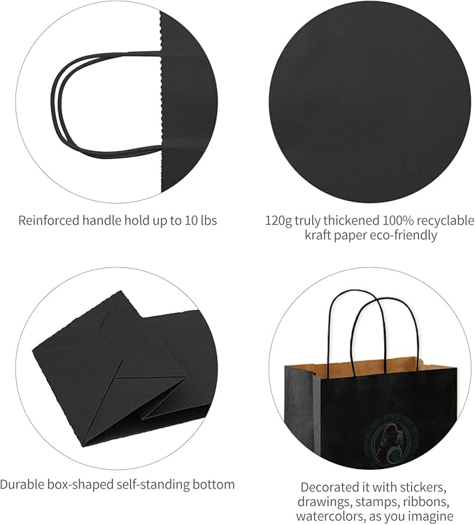 COGLARING 50Pcs Black Gift Bags with Handles - 11x5.9x11 Inch Paper Bag for Parties, Shopping, Grocery & Takeout - Black Paper Gift Bags Bulk