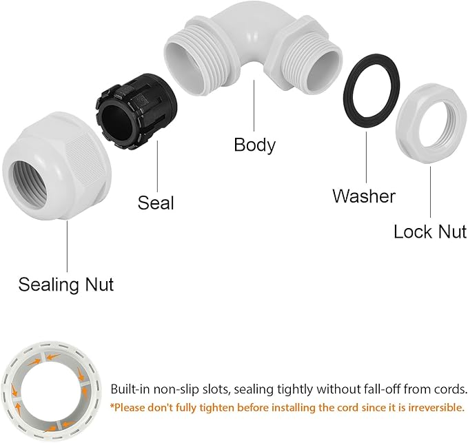 LeMotech M25 Cable Gland, 90 Degree Adjustable 13-18mm Strain Relief, Cord Connectors Nylon Joints with Gaskets, 2 Pcs, Grey