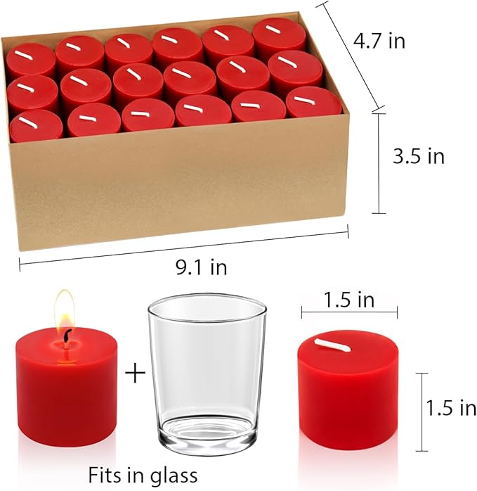 36 Packs Red Votive Candles, 10 Hours Small Unscented 1.5 Inch Diameter Colored Wax Candles for Christmas Wedding, Party, Holiday & Home Decoration