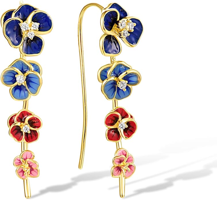Santuzza 925 Sterling Silver Enamel Flower Ear Cuffs Climber Earrings for Women
