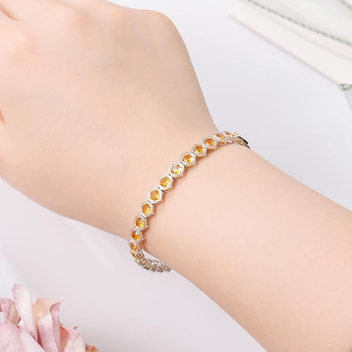 Birthstone Tennis Bracelets for Women Birthday Gifts 925 Sterling Silver Hexagon White Gold Bracelets Round Cut 5A Cubic Zirconia Prong Setting 7 Inch Anniversary Jewelry Gift