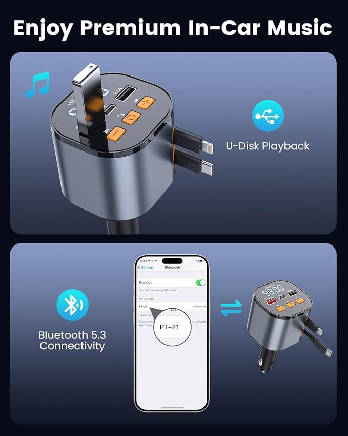 [2025 Upgraded] 81W Retractable PD Car Charger with Bluetooth 5.3, FM Transmitter, Hands-Free Calling, MP3 Player, USB & LED Display – USB-C Bluetooth Adapter for All Phones