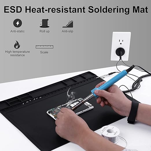 Premium Heat Resistant 932°F Anti Static Mat, HPFIX ESD Mat with Grounding Wire, Grounding Plug, and ESD Wristband, Silicone Soldering Repair Mat for Computer, PC Building, Eelectronics