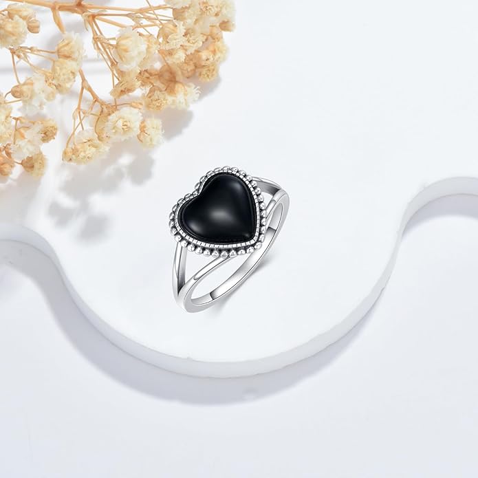 925 Sterling Silver Oxidized Black Onyx Rings for Women - Round & Heart 9mm Onyx Vintage Retro Design, Ideal for Daily Wear