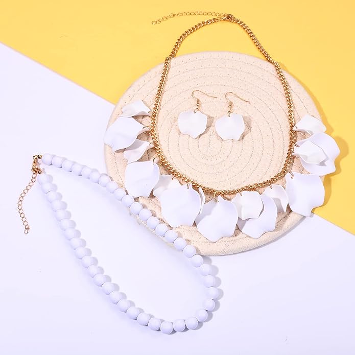Flower Petal Necklace Earrings Set Layered Statement Beaded Jewelry Set for Women Summer Necklace Earrings