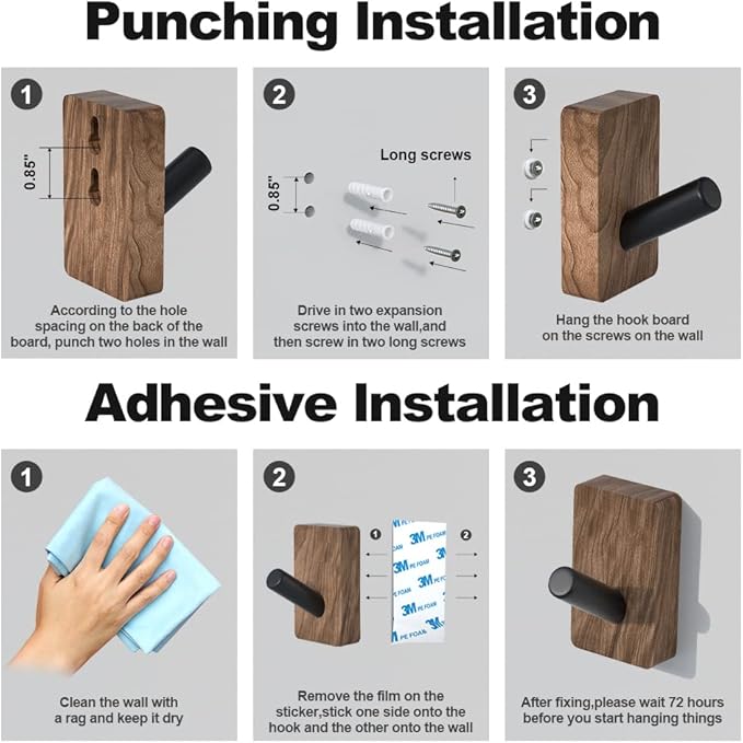 4 PCS Black Walnut Wood Wall Hooks, Adhesive Mounted & Wall Mounted Rustic Decorative Entryway Hooks, Mid Century Modern Natural Wooden Pegs for Hanging Coat Clothes Hat Bag Purse and Towel