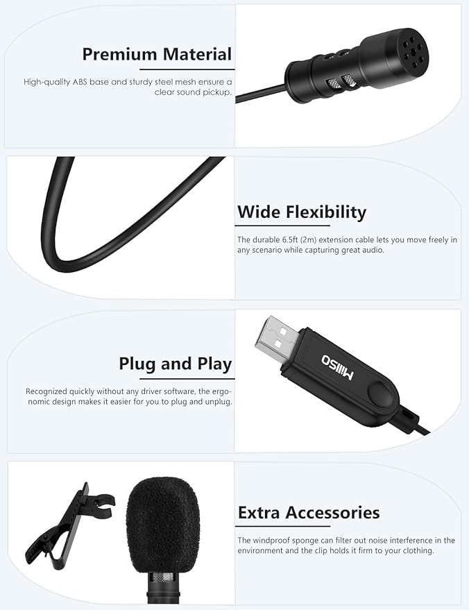 MillSO USB PC Microphone Plug & Play USB Lavalier Microphone Omnidirectional External Clip-on Mini USB Microphone for Computer, Laptop, YouTube, Recording, Podcasting, Gaming - 2M/6.5FT