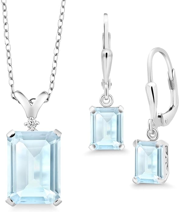Gem Stone King 9-13 Cttw Pendant and Earrings Jewelry Set For Women | Emerald Cut 14X10MM and 8X6MM | Round 1.5MM | Gemstone Birthstone and Diamond | 925 Sterling Silver | 18 Inch Silver Chain