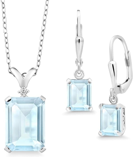 Gem Stone King 9-13 Cttw Pendant and Earrings Jewelry Set For Women | Emerald Cut 14X10MM and 8X6MM | Round 1.5MM | Gemstone Birthstone and Diamond | 925 Sterling Silver | 18 Inch Silver Chain