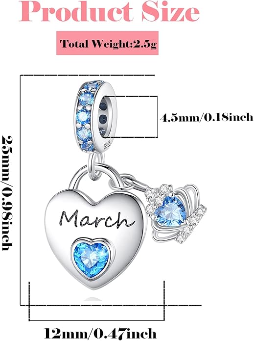 Birthstone Charms for Charms Bracelet: 925 Sterling Silver Heart Dangle Charms for Bracelets and Necklaces, Birthday Mother's Day Christmas Gifts For Women.