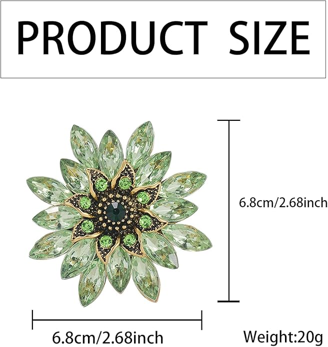 Large Crystal Flower Brooch Pin for Women, Green Rhinestone Floral Lapel Jewelry for Dress Suit Hat Bag, Elegant Dance Party Banquet Accessory, Unique Anniversary Birthday Present