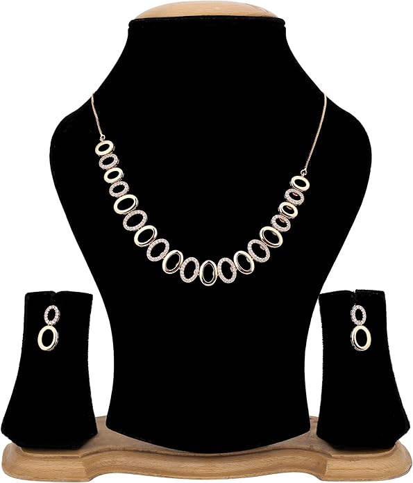 Nilu's Collection American Diamond Stone Studded | Rose Gold/Silver Plated | Anti Tarnish Jewellery Set for Women | Matching Earrings Perfect for Weddings and Special Occasions