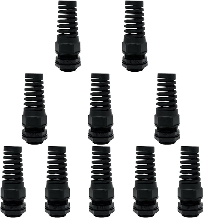 LeMotech 10Pcs NPT 3/4" IP68 Waterproof Cable Gland Flex Spiral Strain Relief Black Nylon Joint with Gaskets for 12.5-18mm Wire Thread