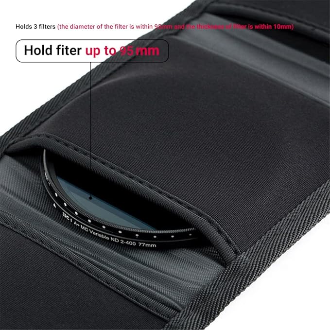 3 Pockets Camera Filter Case for Filter Up to 82mm (fits 82mm 72mm 67mm 62mm 58mm 55mm 52mm 49mm 46mm 43mm 40.5mm 37mm) with Microfiber Cleaning Cloth,Belt Loop Design Compact Lens Filter Pouch Wallet