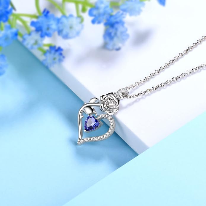 Jewmon Valentine Day Gifts for Her Rose Heart Birthstone Necklace for Women 925 Sterling Silver Birth Stone Flower Rose Necklace Anniversary Love GIfts for Girlfriend Wife Mom Birthday Gifts for Her