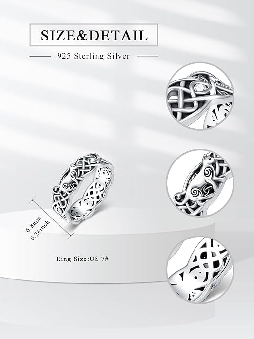 Seiyang Celtic Cat Ring 925 Sterling Silver Irish Trinity Knot Celtic Cat Wedding Promise Ring with 12 Months Birthstone Irish Lucky Jewelry Gifts for Women Mom Her