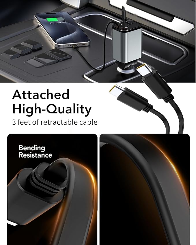 Retractable Car Charger, 4 in 1 Fast Car Phone Charger 66W, 2 Retractable Cables and 2 USB Port, Compatible with iPhone 16/15/14/13/12/11,Galaxy,Pixel
