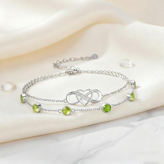Prismata Infinity Birthstone Charm Link Bracelet 925 Sterling Silver Adjustable 12 Months Birthstone Infinity Bracelet Birthday Jewelry Gifts for Women Mom Her,with 7"+2" chain