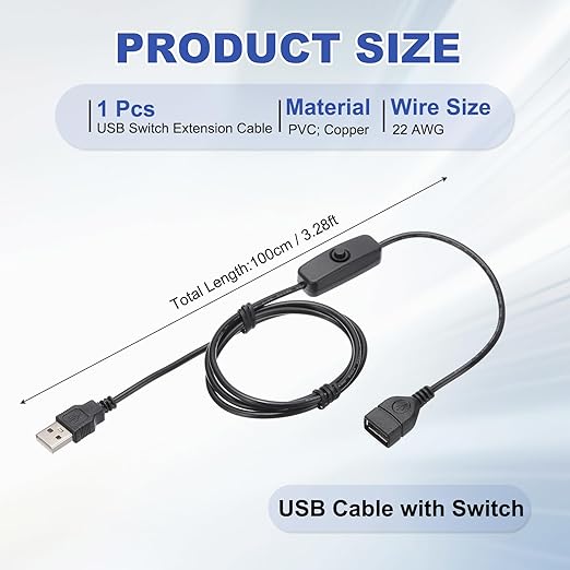 MECCANIXITY USB Extension Cable with ON/Off Button Switch 1m USB Male to Female Extension Cord for Desk Lamp Fan LED Light Strip Black Pack of 1