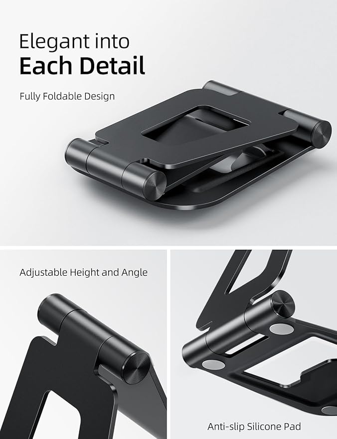 Nulaxy Aluminum Dual Foldable iPad Stand, Fully Adjustable Desktop Tablet Holder, Tablet Accessories for Office Kindle Compatible with Mobile Devices iPad Pro/Air/Mini, iPhone Pro/Max/Plus, Black
