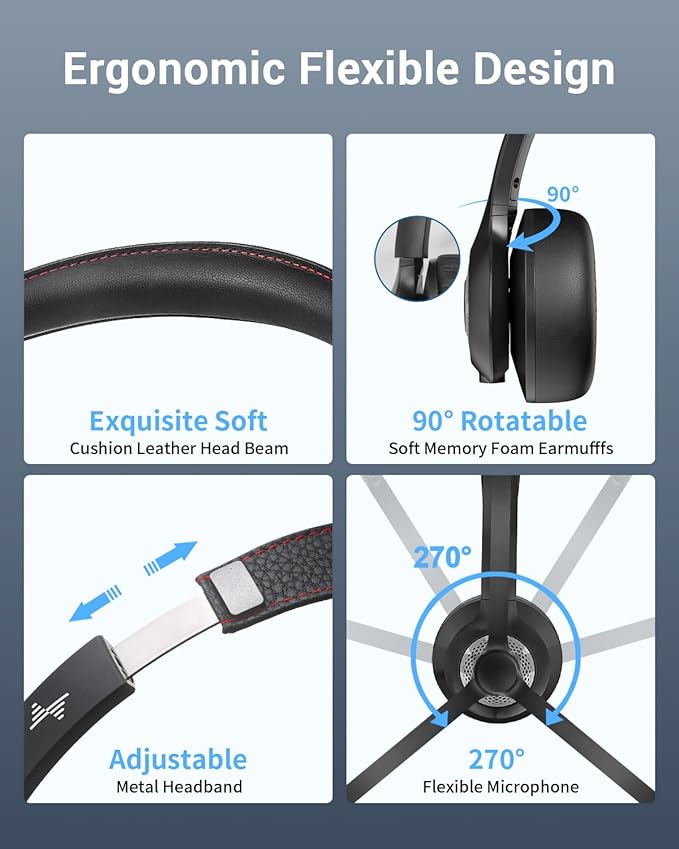 Wireless Headset with AI Noise Cancelling Microphone Bluetooth Headset - Bluetooth V5.2 Headphones with USB Dongle & Mic Mute for Computer/Laptop/PC/iPhone/Android/Cell Phones