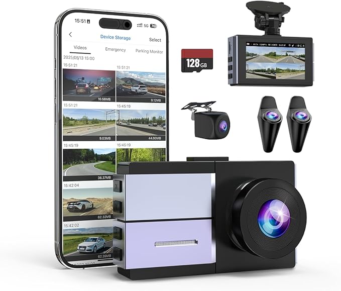 Sprleaf 4-Channel Dash Cam with Front and Rear Cameras, 360° Dashcam,128GB Card Included, 5G Wi-Fi and App Control, Night Vision, WDR, 24-Hour Parking Mode, Collision Detection