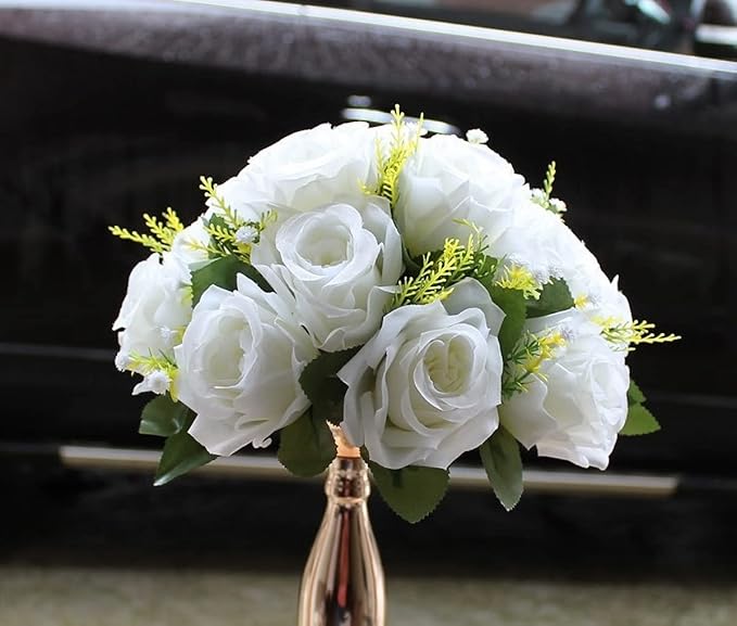 LoveCat Artificial White Roses Bouquet, 6 Pcs Faux Flower Balls Fake Flower 15 Heads Plastic Roses with Base, Perfect for Wedding Centerpieces Bouquets Party Table Decor Home Decor Floracel (White)