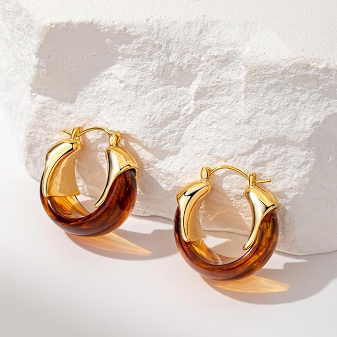 Brown 14k Gold Plated Amber Resin Hoop Earrings for Women Trendy, Retro Chunky Lightweight Hoop Drop Statement Jewelry Earrings for Party Wedding