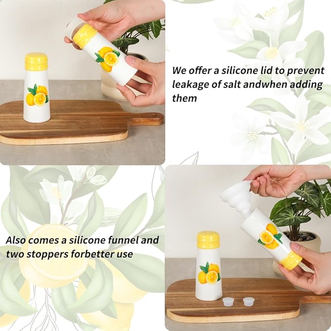 Salt and Pepper Shakers Set - HAPPY KIT 2-Count Ceramic Salt and Pepper Grinder Set with Silicone Lid and Funnel for Table, RV, Camp, BBQ Gift Box Ready (Lemon)