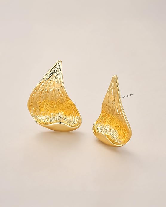 SNGIA18K Gold Plated Dangle Textured Ribbed Irregular Large Leaf Statement Earrings for Women by SNGIA, Handmade Dramatic Geometric Trendy Summer Drop Leaf Flower Jewelry Gifts, Bold Beachy Vintage Plant Fashion Drop Accessories, Vintage Nickle Free Fl...
