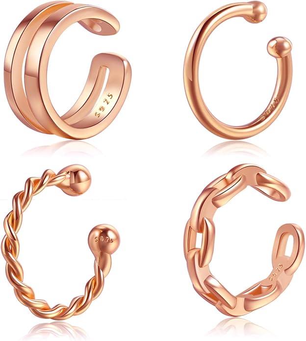 CHIC & ARTSY 925 Sterling Silver Ear Cuffs for Women, Non Piercing Clip On Cartilage Cuffs, Adjustable Fake Conch & Helix Earrings, Gold Plated & Oxidized Various Styles