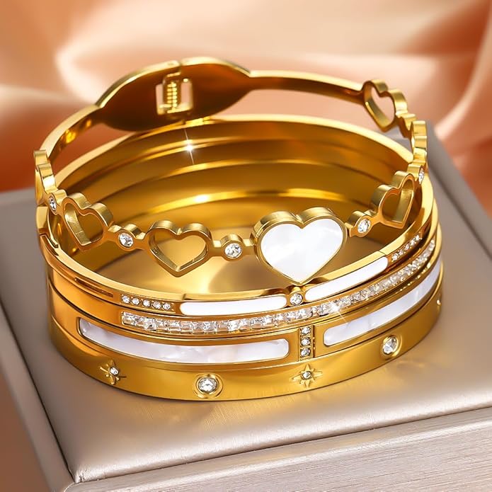 ZhiRui Women's 18K Gold Plated Stackable Bracelet Set - Waterproof Mother of Pearl Heart Cubic Zirconia Jewelry Gifts for Women