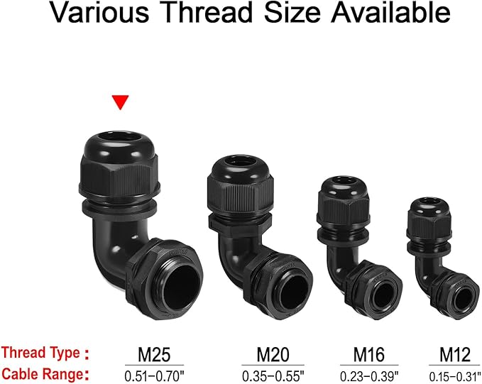 LeMotech M25 Cable Gland, 90 Degree Adjustable 13-18mm Strain Relief, Cord Connectors Nylon Joints with Gaskets, 2 Pcs, Black