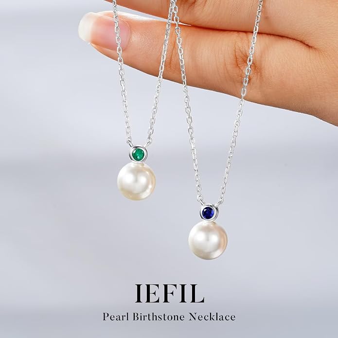 Iefil Valentines Day Gifts for Her - 9-10mm Freshwater Pearl Necklace for Women, Anniversary Birthday Gifts for Wife Mom Girlfriend, S925 Sterling Silver Pearl & Birthstone Necklace, Jewelry for Women